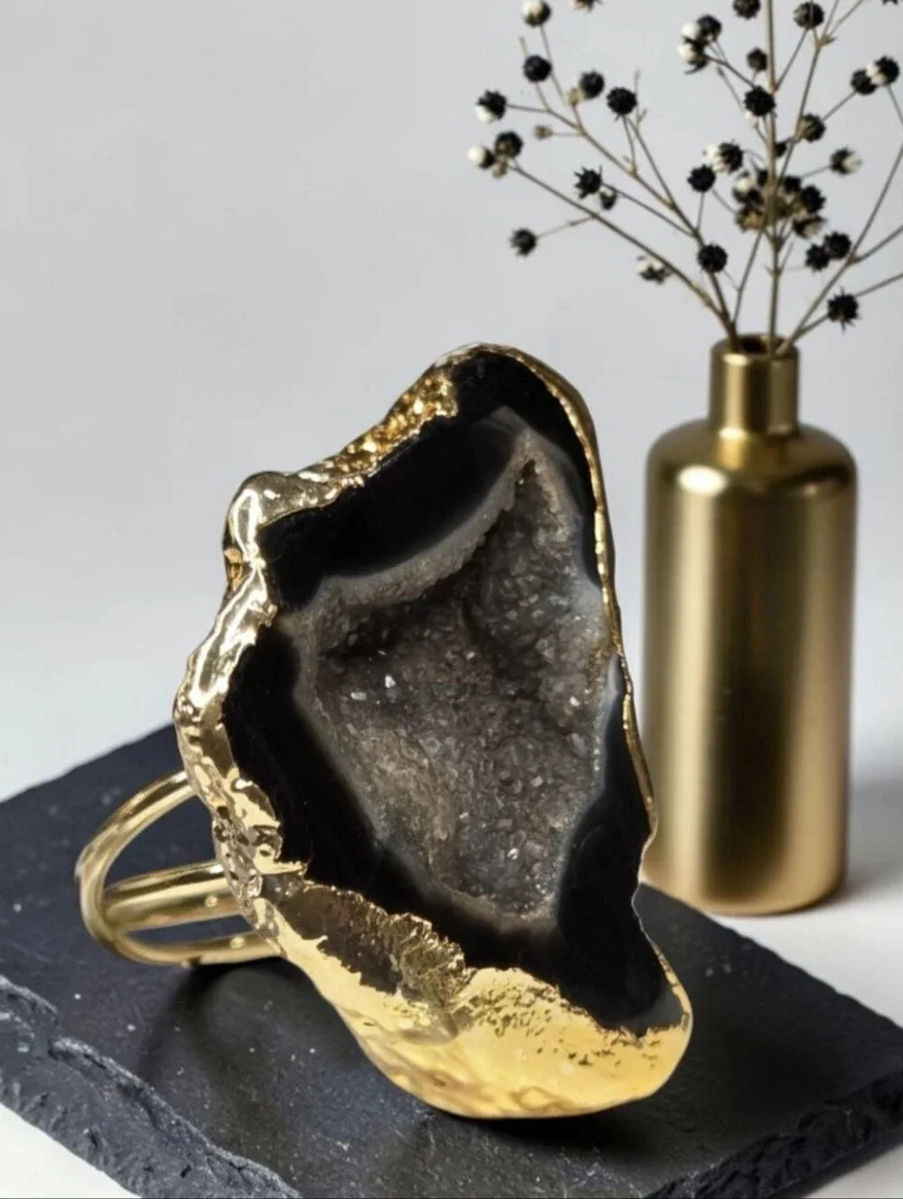 Incredible 18k Gold Plated Onyx Sugar Geode Druzy Agate Statement Ring